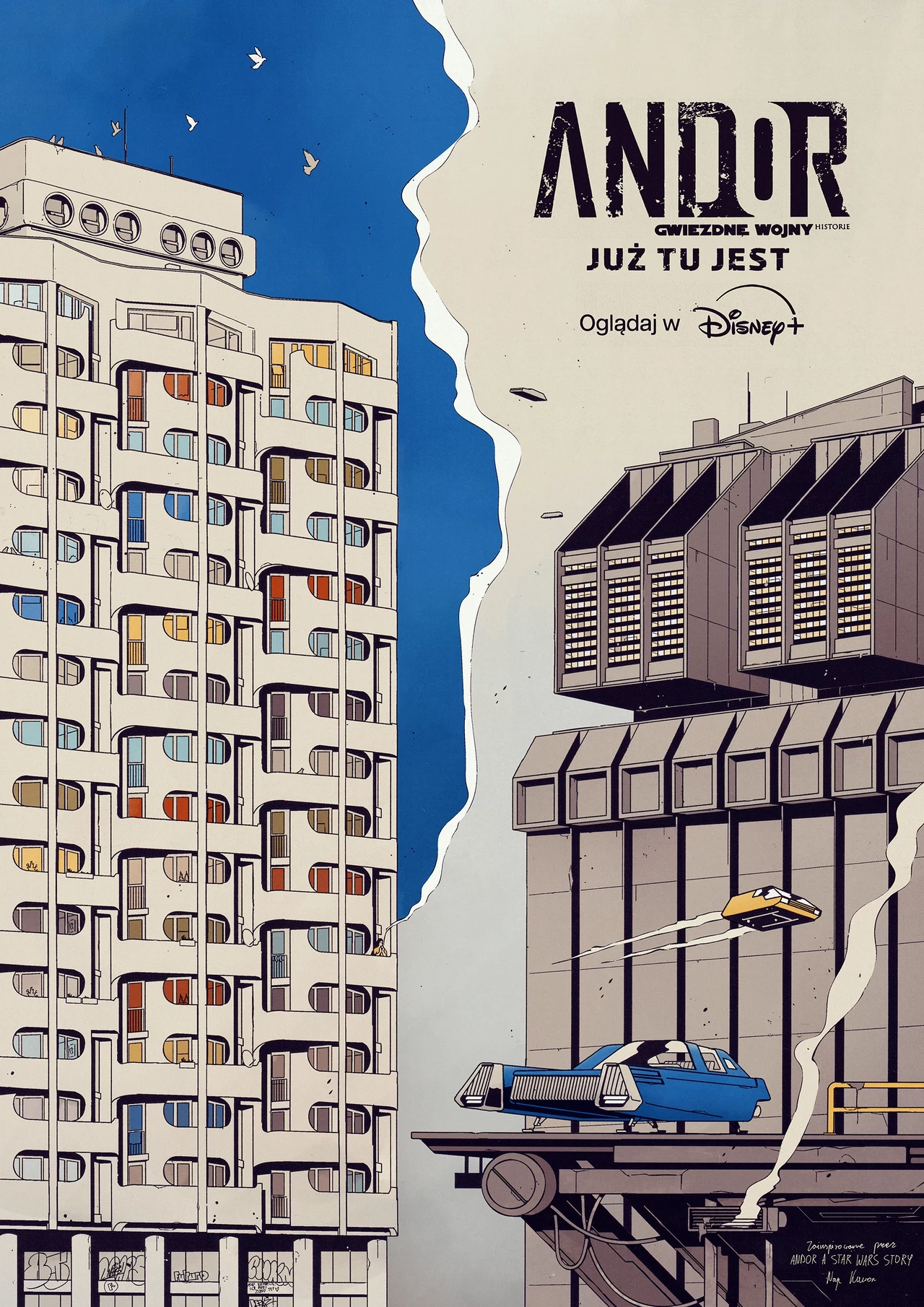 Wrocław, Wybrzeże Słowackiego 5 (przy Moście Grunwaldzkim). Modernistyczny budynek mieszkalny z placu Grunwaldzkiego i jego galaktyczny sobowtór (Autor: Krzysztof Nowak) Plakat promujący serial Andor na platformie Disney+. Widoczne są dwa budynki, jeden nowoczesny, futurystyczny z pojazdem unoszącym się obok, drugi bardziej tradycyjny. Centralnie umieszczony tytuł serialu przyciąga uwagę.