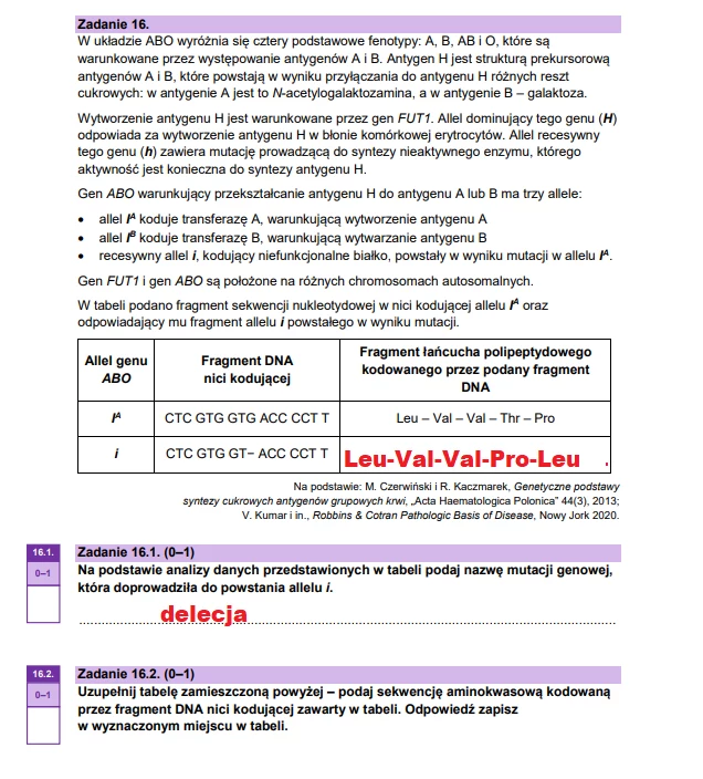 Fragment tekstu z podręcznika szkolnego, omawiający dziedziczenie układu ABO krwi oraz wpływ mutacji w genie FUT1 na antygen H. Zawiera tabelę z przykładami fragmentów DNA oraz odpowiadających im sekwencji aminokwasowych.