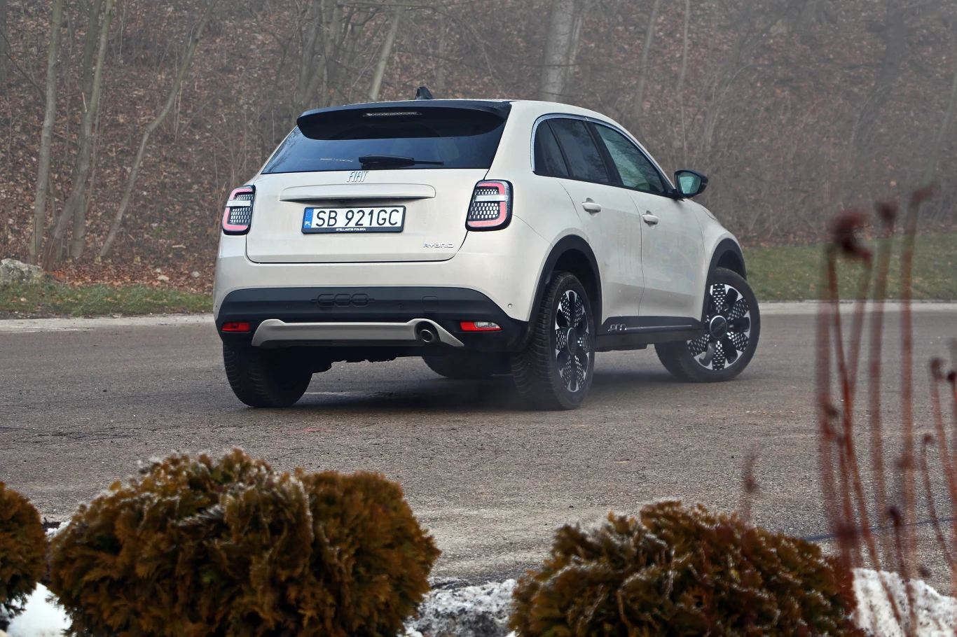 Biały SUV na wiejskiej drodze, w tle widoczny zimowy, zalesiony krajobraz. Tylna część samochodu i numery rejestracyjne są dobrze widoczne. Aura jest zamglona, co dodaje zdjęciu klimatu.