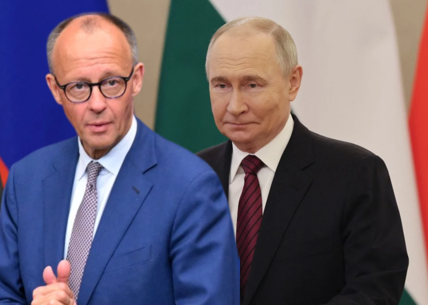 Dojdzie do rozmowy kanclerza Niemiec i prezydenta Rosji? Friedrich Merz postawił jeden warunek Dwóch mężczyzn w garniturach na tle flag. Jeden z nich nosi okulary, drugi ma krótkie siwe włosy.