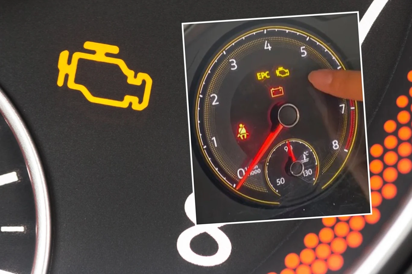Jak samodzielnie skasować check engine. Czy sposób z TikToka działa? Ikona ostrzegawcza silnika na desce rozdzielczej samochodu z nałożeniem na wskaźnik obrotów i inne kontrolki, ilustrująca problem związany ze sprawnością pojazdu.