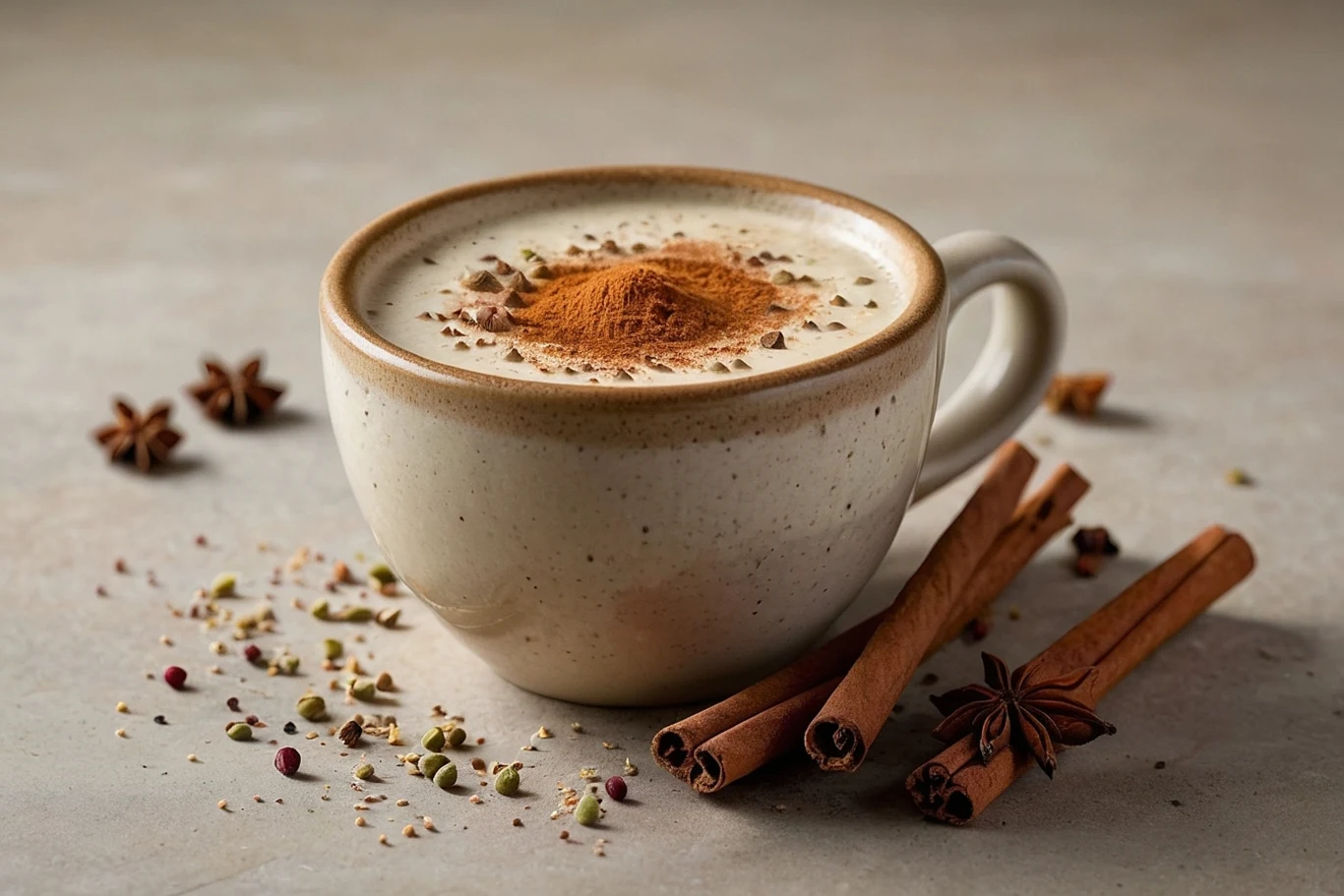 Filiżanka kremowego napoju, prawdopodobnie kawy latte, posypana cynamonem na wierzchu. Na blacie wokół filiżanki znajdują się laski cynamonu i inne przyprawy.