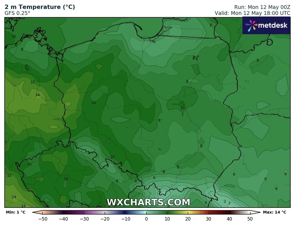 Poniedziałek będzie chłodnym dniem. Na zachodzie nie będzie więcej niż 16 stopni Mapa temperatury w Polsce z oznaczeniami barwnymi wskazującymi różnice temperatur. Różne odcienie zieleni reprezentują wartości temperatury w specificznych regionach, zaznaczone są wartości minimalne i maksymalne.