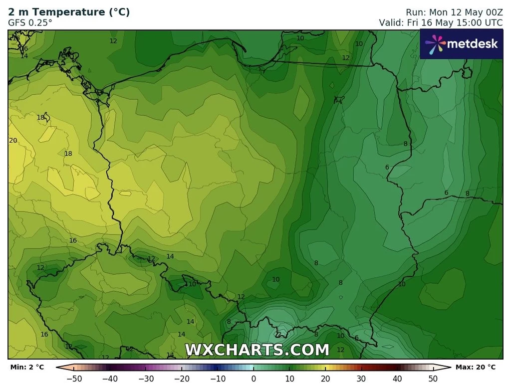 W piątek na zachodzie będzie o około 10 stopni więcej, niż na wschodzie Mapa temperatury na wysokości 2 metrów nad ziemią, przedstawiająca różnice temperatur na obszarze Polski oraz części krajów sąsiednich. Widoczne są izotermy i gradacje kolorów wskazujące zmiany temperatury. Przewidywania na 16 maja.