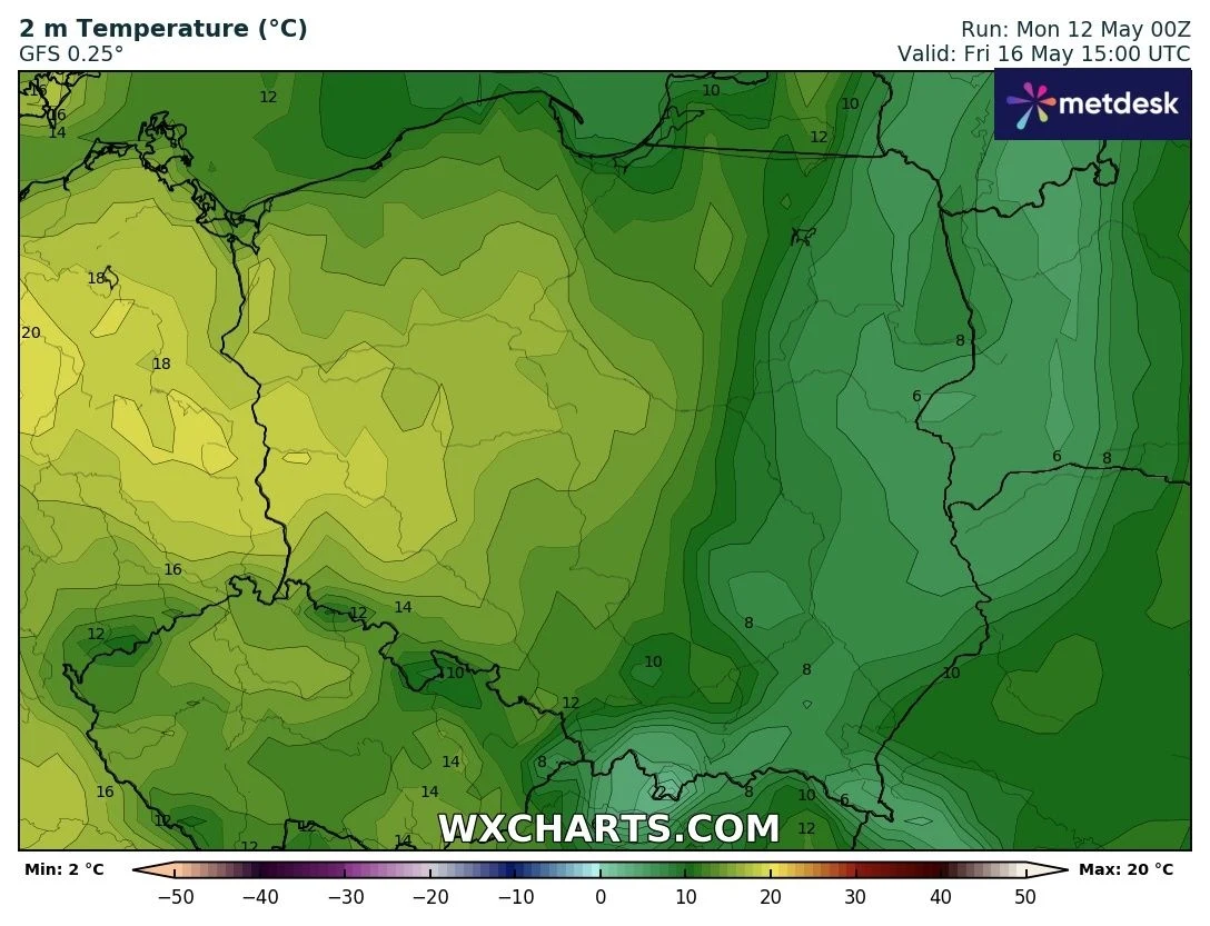 Mapa temperatury na wysokości 2 metrów nad ziemią, przedstawiająca różnice temperatur na obszarze Polski oraz części krajów sąsiednich. Widoczne są izotermy i gradacje kolorów wskazujące zmiany temperatury. Przewidywania na 16 maja.