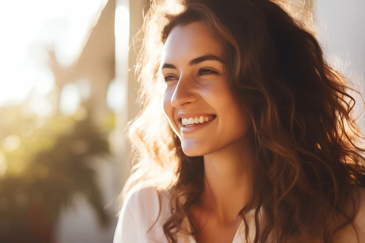 Uśmiechnięta młoda kobieta z falującymi włosami pozuje w naturalnym świetle słonecznym. Jej twarz jest promienna i pełna radości, a w tle widać rozmytą zieleń roślin.