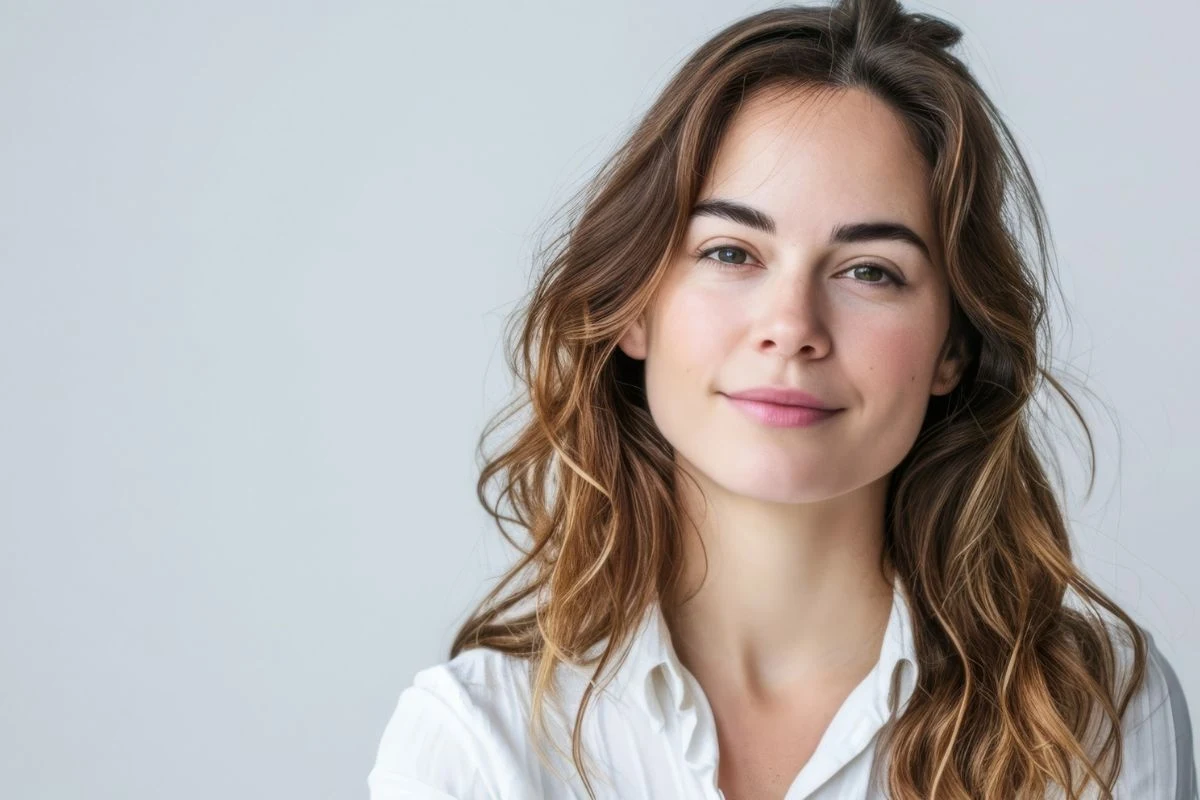 Młoda kobieta o długich, falowanych włosach i delikatnym uśmiechu patrzy prosto w obiektyw. Jest ubrana w białą koszulę, co dodaje elegancji i prostoty do wizerunku. Tło jest neutralne, co uwydatnia postać kobiety.