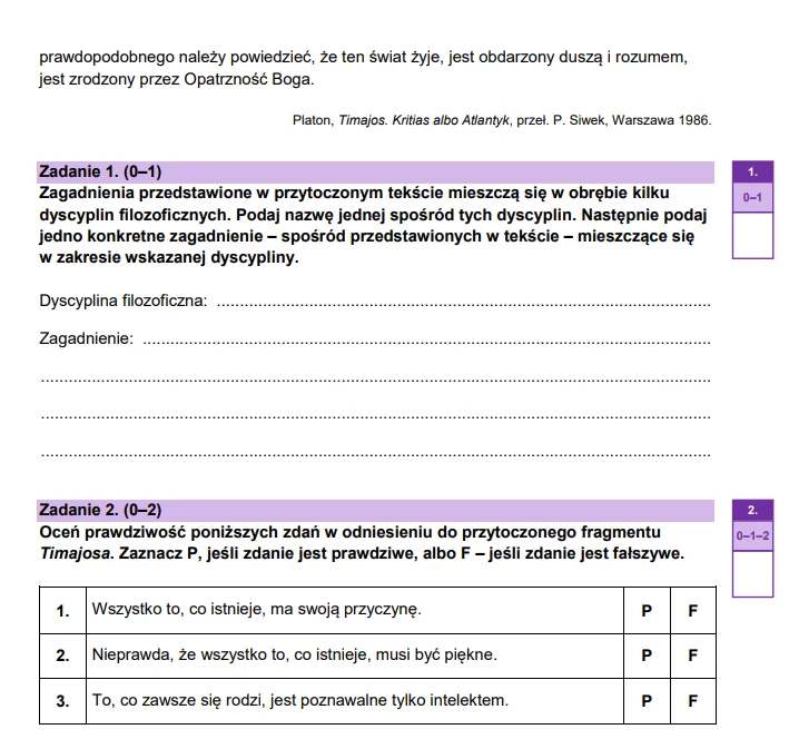 Arkusz maturalny z filozofii 2025 Karta pracy z fragmentem tekstu filozoficznego, zawierająca instrukcje do zadań polegających na analizie i ocenie prawdziwości zdań. Tekst skoncentrowany wokół filozofii i rozumienia świata.
