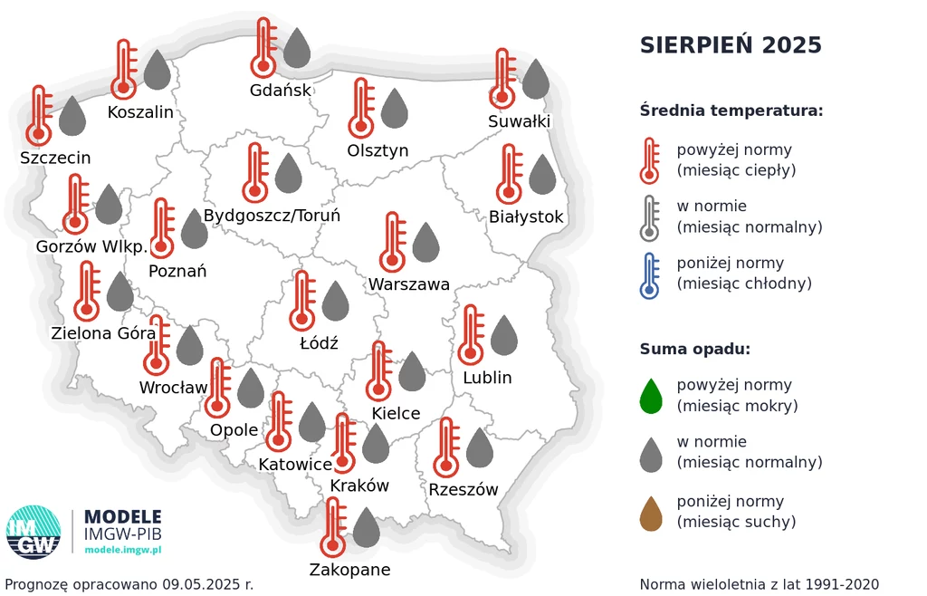 Całe tegoroczne lato może się okazać gorące. Również sierpień w całym kraju może być gorętszy, niż zazwyczaj Mapa Polski z prognozą pogody na sierpień 2025, z oznaczeniami miast, temperatury oraz opadów. Miasta są oznaczone termometrami i kroplami wody, wskazując, czy warunki są powyżej, w normie lub poniżej normy.