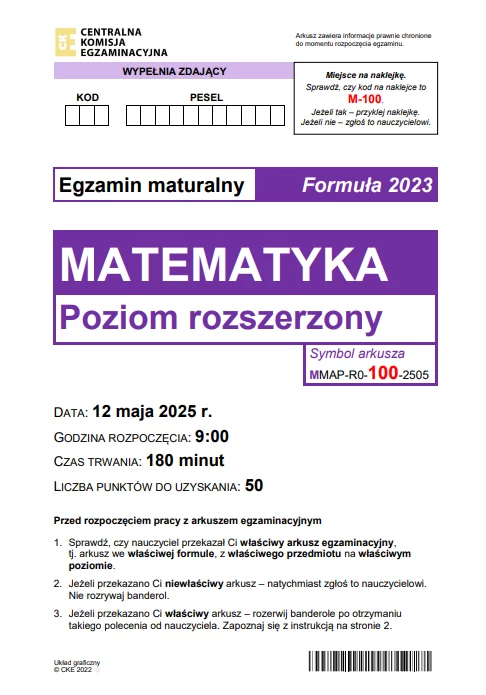 Matura 2025. Matematyka, poziom rozszerzony. Arkusz CKE - strona 1 Matura 2025. Matematyka, poziom rozszerzony. Arkusz CKE - strona 1