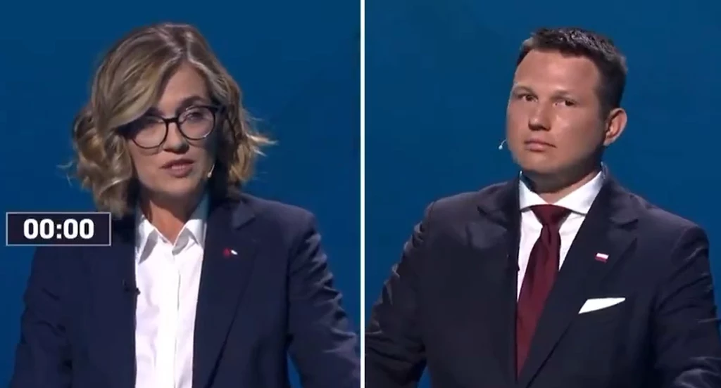 Magdalena Biejat i Sławomir Mentzen podczas debaty prezydenckiej Magdalena Biejat i Sławomir Mentzen podczas debaty prezydenckiej