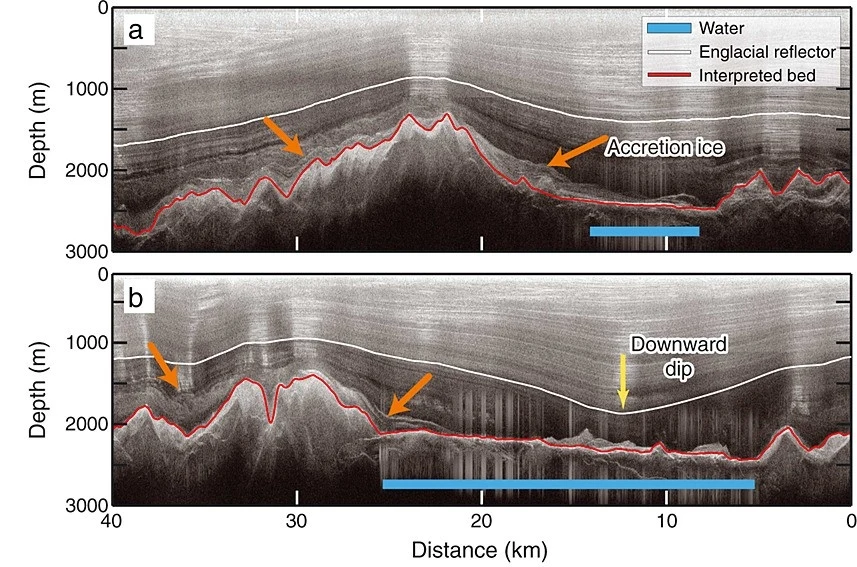 Obraz radarowy przedstawiający pasmo górskie Gamburcewa pod warstwami lodu 