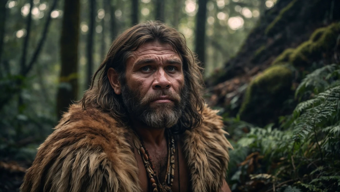 Najstarsze drewniane włócznie na świecie. Neandertalczycy byli dobrymi myśliwymi. Mężczyzna z długimi włosami i brodą w stroju z epoki kamienia, otoczony przyrodą w lesie, patrzy z powagą przed siebie. W tle gęsta roślinność i drzewa, tworząca mistyczną atmosferę.