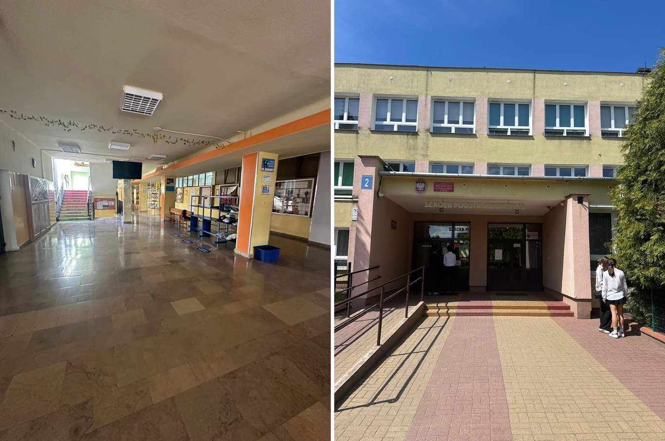 Egzamin ósmoklasisty 2025. Co było w arkuszu? Graficzne zaskoczenie Dwuczęściowe zdjęcie pokazujące wnętrze i zewnętrze budynku szkoły. Wnętrze to długi korytarz z jasnymi ścianami i regałami z książkami po bokach. Przed szkołą, na zewnątrz, widać wejście oraz część osób stojących przy wejściu.