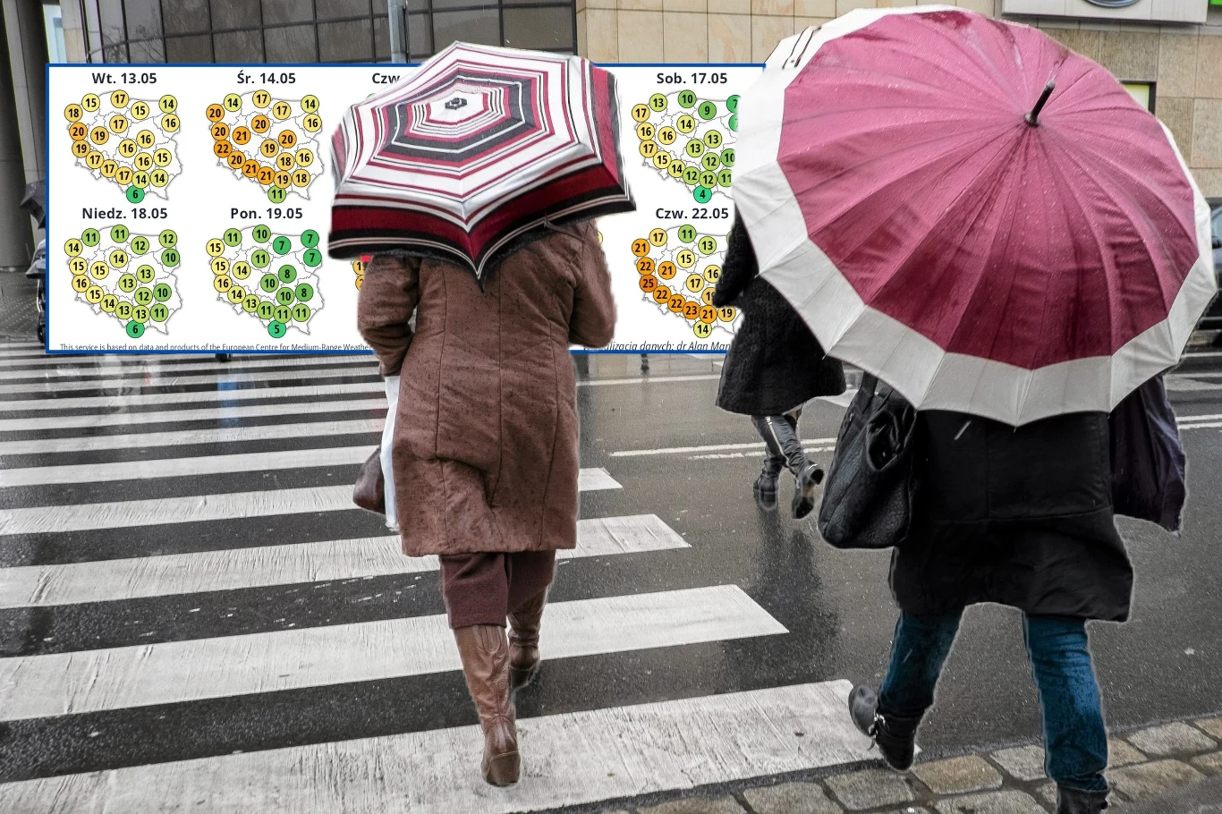 Wkrótce ochłodzi się jeszcze bardziej. Niższe temperatury utrzymają się przez około tydzień Ludzie z parasolami przechodzą przez ulicę na pasach w deszczowy dzień. Na billboardzie w tle widać prognozę pogody na kilka dni z mapą kraju.