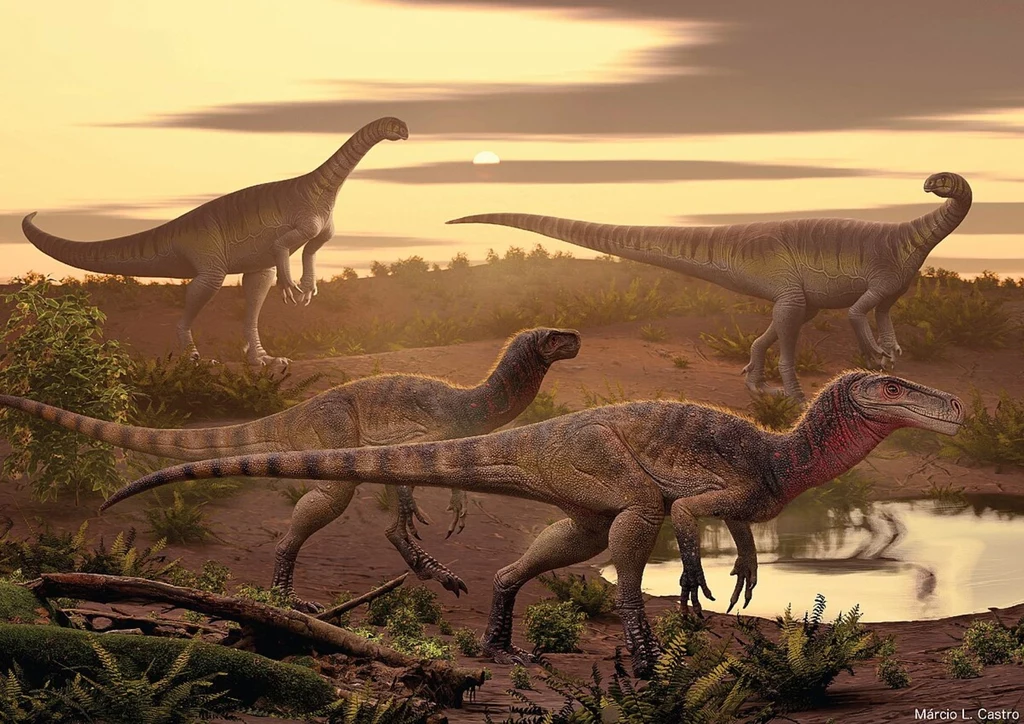 Krajobraz triasowych Indii. Drapieżny maleriraptor i roślinożerne zauropody jaklakallizaury Krajobraz triasowych Indii. Drapieżny maleriraptor i roślinożerne zauropody jaklakallizaury