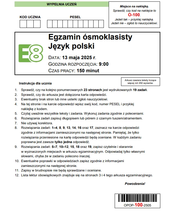 Egzamin ósmoklasisty 2025. Język polski. Arkusz CKE - strona 1 Egzamin ósmoklasisty 2025. Język polski. Arkusz CKE - strona 1