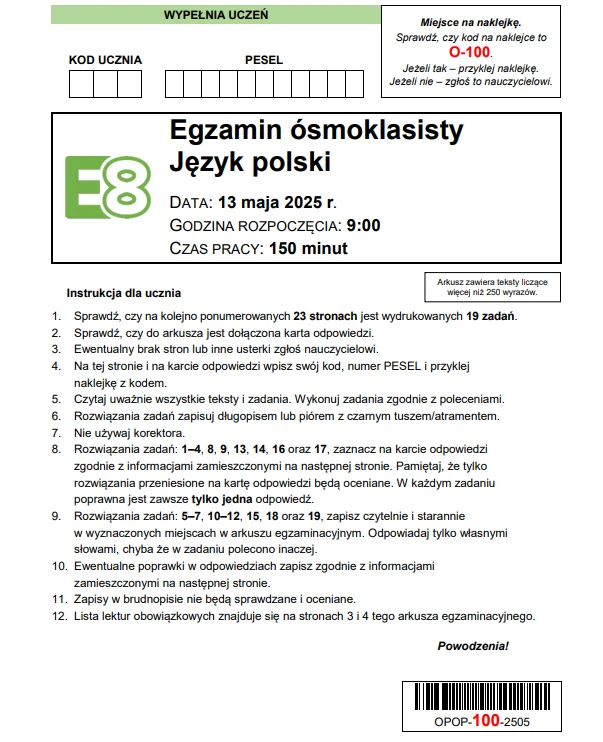 Egzamin ósmoklasisty 2025. Język polski. Arkusz CKE - strona 1