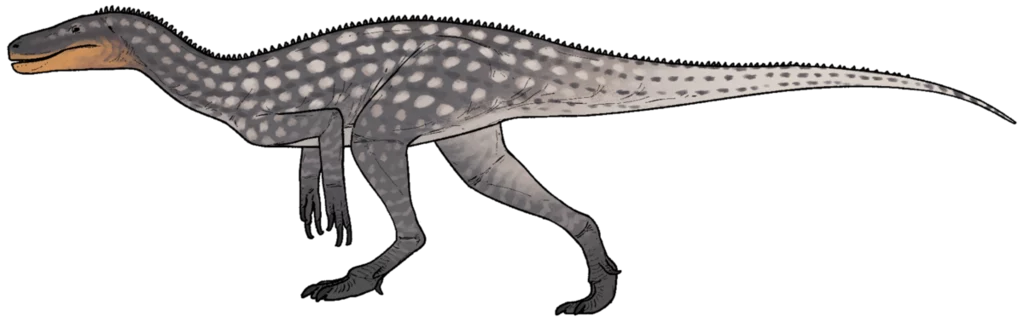 Jedna z rekonstrukcji wyglądu indyjskiego maleriraptora Rekonstrukcja dinozaura o długiej szyi i ogonie, z masywnym ciałem pokrytym ciemnymi plamkami, wyróżniającymi się na jasnym tle. Stwór ma wyprostowaną postawę i wydłużoną czaszkę z wyraźnymi zębami.