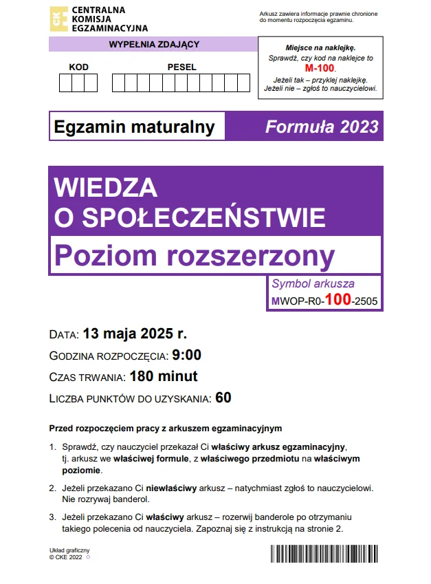 Matura 2025. WOS rozszerzony. Arkusz CKE i odpowiedzi - strona 1 Matura 2025. WOS rozszerzony. Arkusz CKE i odpowiedzi - strona 1
