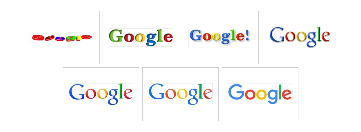 Logotyp Google z lat 1997, 1998, 1998, 1999, 2010, 2013 i 2015 Ewolucja logo Google przedstawiona w formie kilku obrazów pokazujących zmiany w stylizacji i literowaniu na przestrzeni lat.