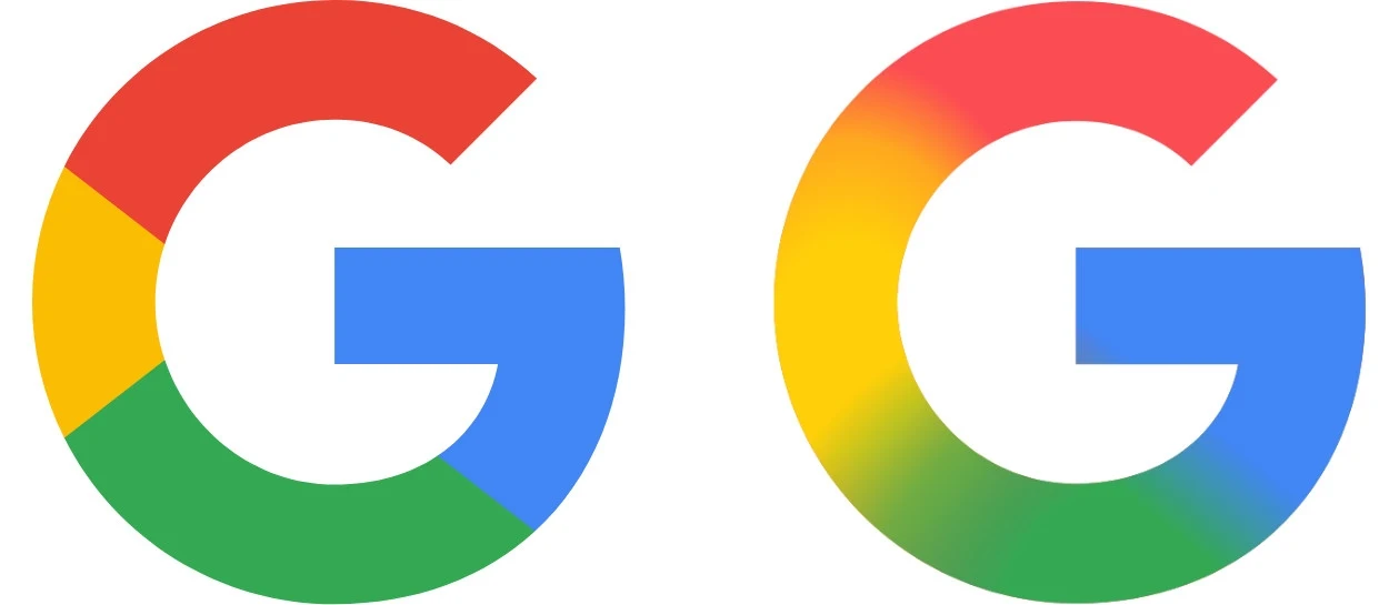 Logo Google (sygnet) z lat 2015 oraz 2025 Dwukolorowe logo Google w dwóch różnych stylizacjach, jedno z wyraźnymi, czterema kolorami, a drugie z bardziej rozmytymi przejściami kolorów.