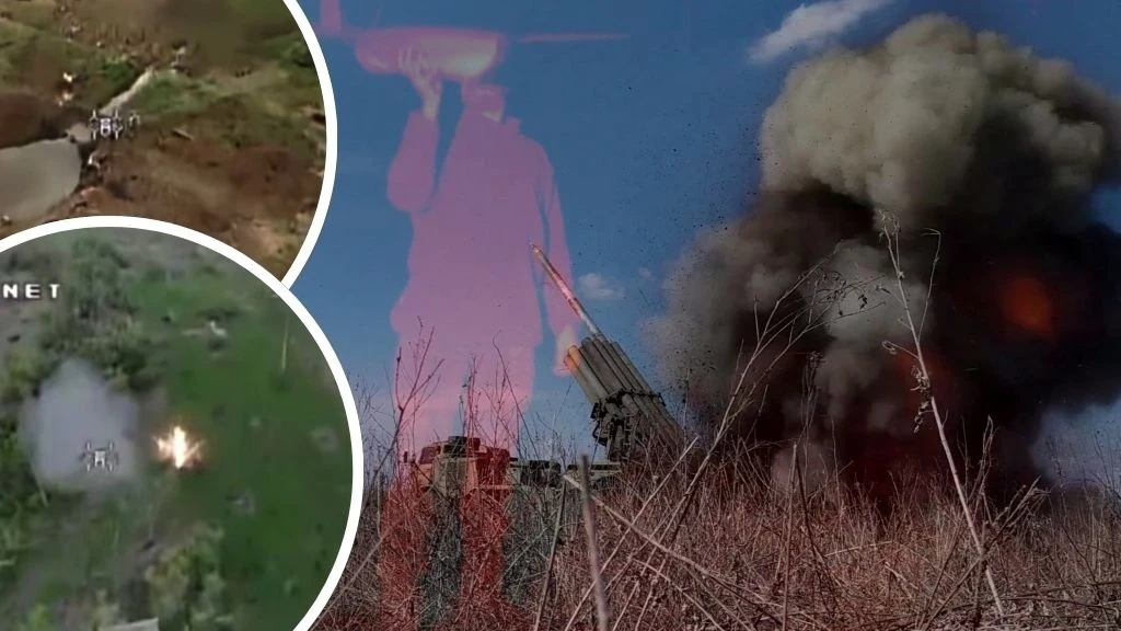Ukraińcy przeprowadzili pierwszy atak dronem z granatnikiem Eksplozja z wyraźnym dymem na niebie, w towarzystwie dwóch mniejszych obrazów w okręgach, pokazujących akcje militarne lub uderzenia z powietrza. Po prawej stronie sylwetka osoby z granatnikiem na niebie.