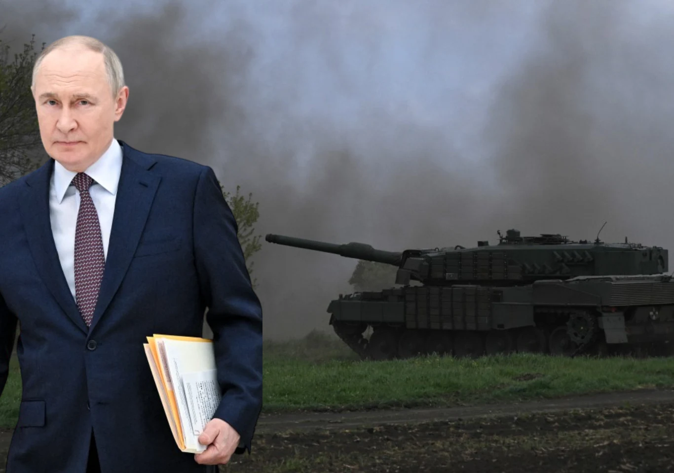 Władimir Putin chce wywrzeć presję na Ukrainę i Zachód Mężczyzna w garniturze trzyma dokumenty, a w tle znajduje się czołg na polu z dymem unoszącym się wokół.