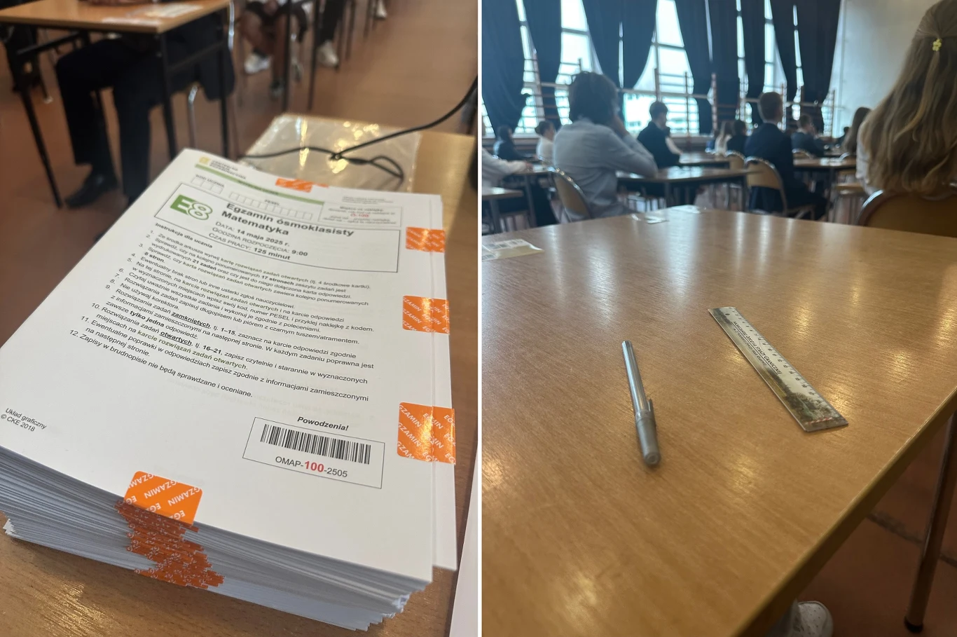 Egzamin ósmoklasisty 2025, matematyka. Uczennica: Zgniotło mnie Sala egzaminacyjna z uczniami siedzącymi w osobnych ławkach. Na jednym zdjęciu stos arkuszy egzaminacyjnych, na drugim ławka z długopisem i linijką. Jasne światło wpada przez okna.