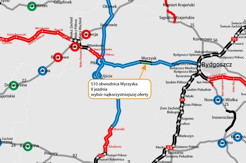 Obwodnica Wyrzyska to jedyny działający fragment drogi ekspresowej S10 w województwie wielkopolskim. Wkrótce będzie dwujezdniowa. Obwodnica Wyrzyska to jedyny działający fragment drogi ekspresowej S10 w województwie wielkopolskim. Wkrótce będzie dwujezdniowa.