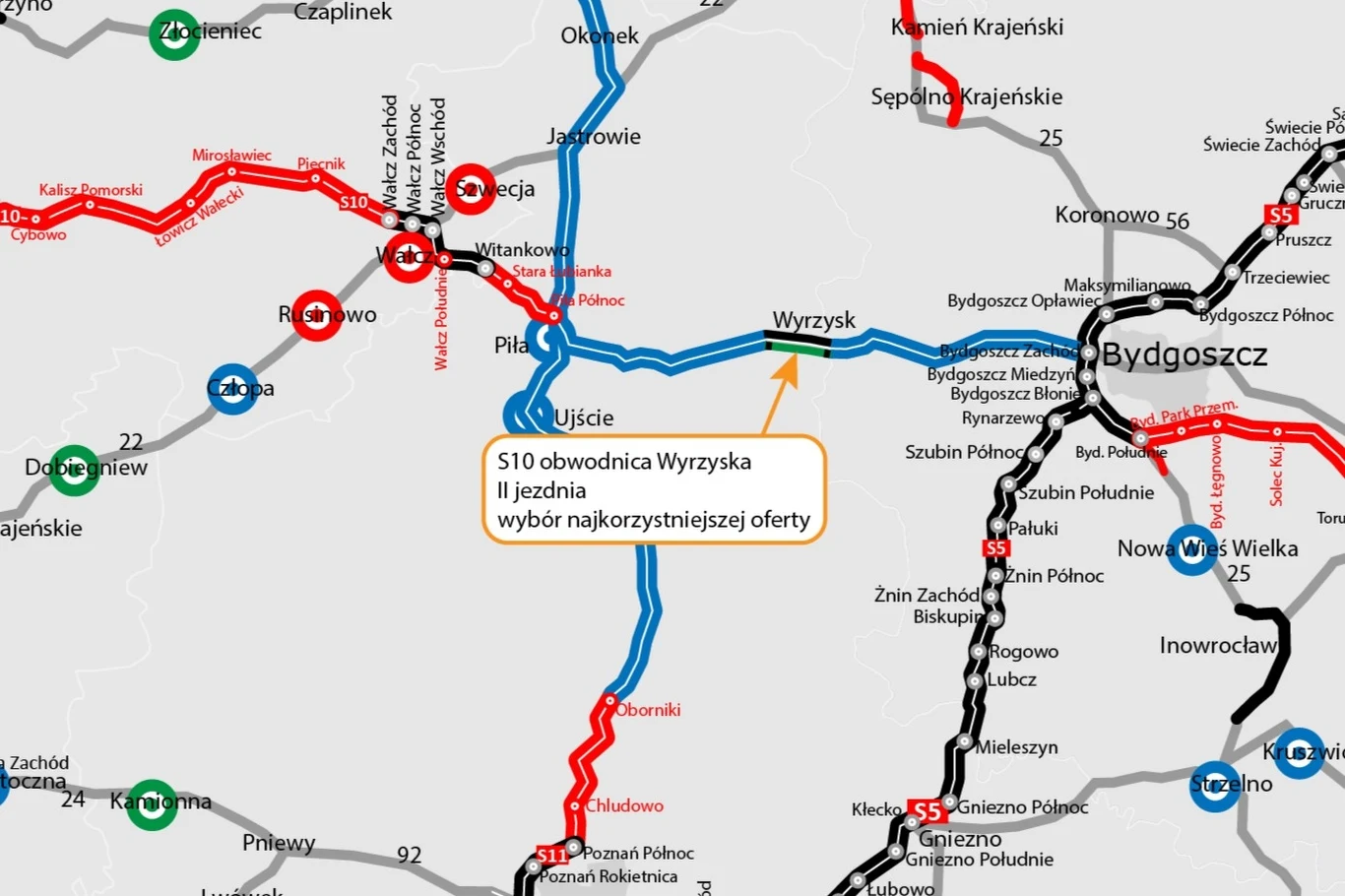 Obwodnica Wyrzyska to jedyny działający fragment drogi ekspresowej S10 w województwie wielkopolskim. Wkrótce będzie dwujezdniowa. Mapa drogowa przedstawiająca sieć dróg i obwodnic w północno-zachodniej Polsce. Zawiera oznaczenia tras: S10 obwodnica Wyrzyska, a także innych ważnych szlaków komunikacyjnych. Wyróżnia się użytymi kolorami i symbolami dróg.
