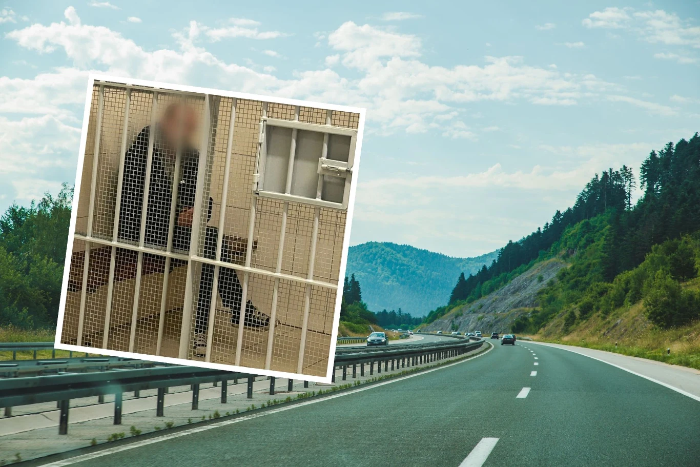 Mężczyzna został zatrzymany w okolicach Tarnowa. Człowiek za kratami nałożony na widok drogi biegnącej przez zalesiony teren, z górami w tle, co może symbolizować ograniczenie wolności lub kontrast między więzieniem a wolnością.