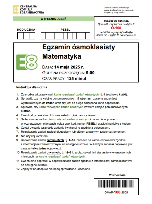Egzamin ósmoklasisty 2025. Matematyka, arkusz CKE - strona 1 Egzamin ósmoklasisty 2025. Matematyka, arkusz CKE - strona 1