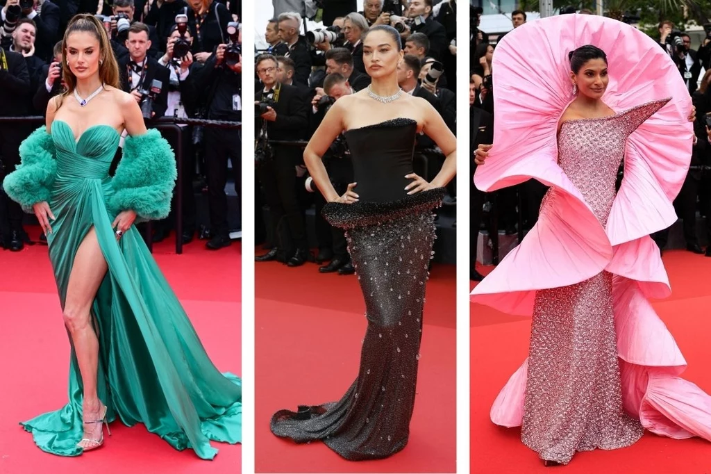 Alessandra Ambrosio, Shanina Shaik, Farhana Bodi podczas Festiwalu Filmowego w Cannes w 2025 r. Trzy kobiety w eleganckich sukniach na czerwonym dywanie. Po lewej Alessandra Ambrosio w zielonej, asymetrycznej sukni, Shanina Shaik w czarnej sukni z cekinami, w różowej sukni - Farhana Bodi.
