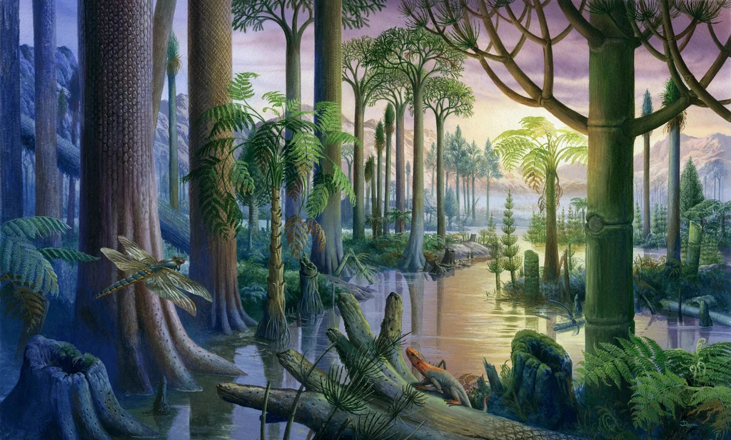 Las epoki karbonu. Ziemia przypominała wówczas inną planetę Prehistoryczny las z gigantycznymi drzewami, dużą ważką unoszącą się nad wodą i prymitywnymi organizmami w pobliżu brzegu jeziora. Krajobraz jest spokojny, oświetlony łagodnym światłem zachodzącego słońca.