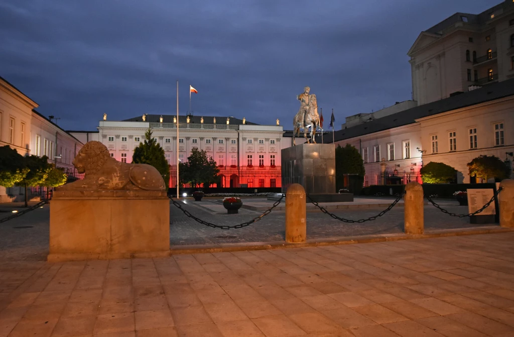 Plac z oświetlonym pałacem w tle, na pierwszym planie znajduje się pomnik konny i figura lwa z kamienia. Jest to wieczorna scena z częściowo zachmurzonym niebem, a pałac jest podświetlony ciepłym, czerwonym światłem.
