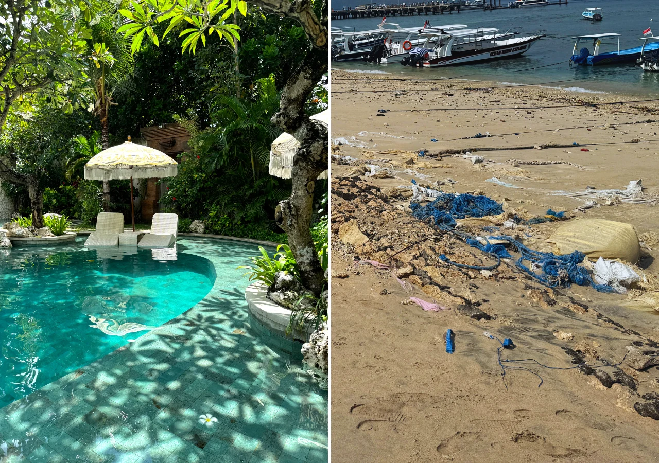 Hotelowy basen i publiczna plaża na południu Bali