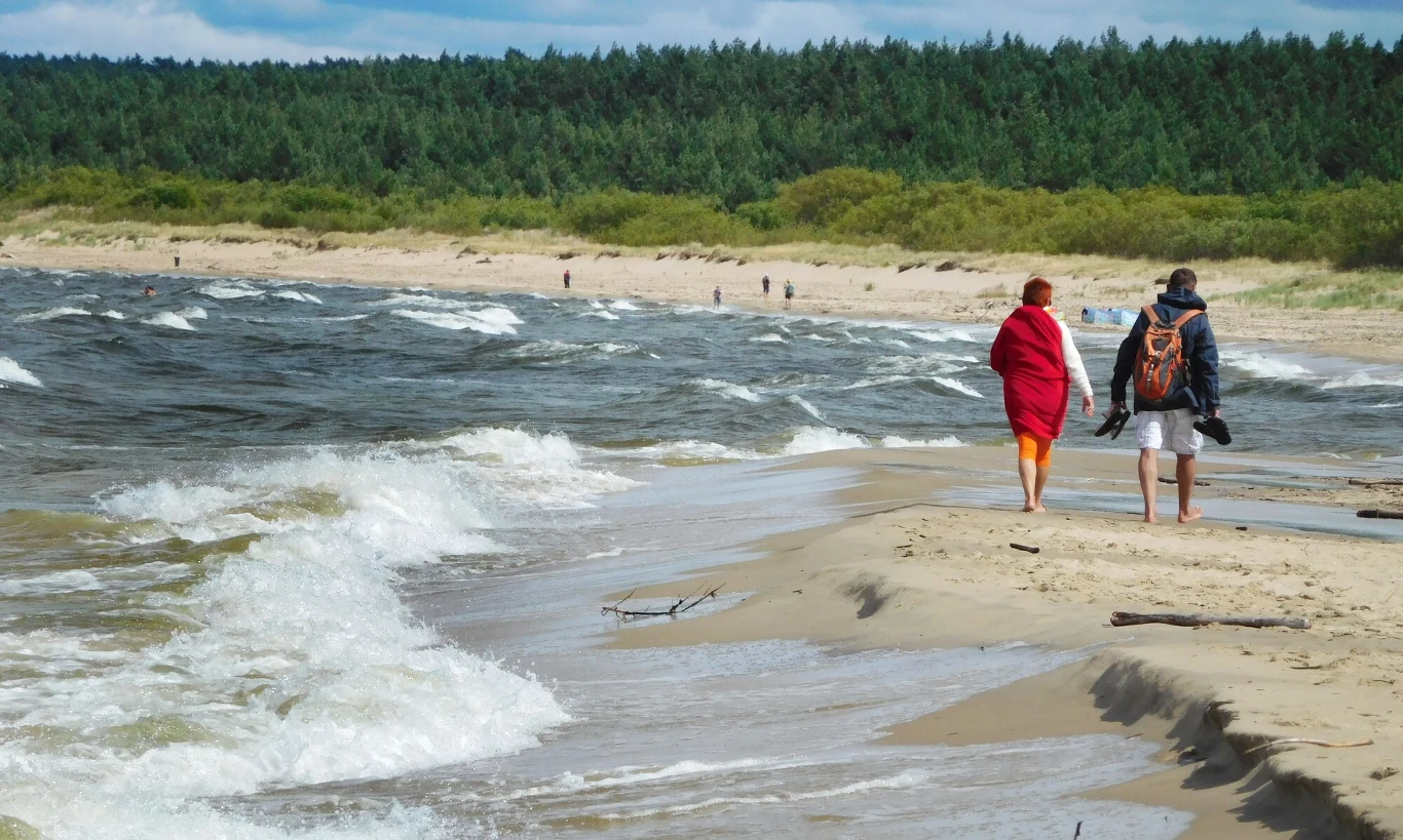 Dwie osoby spacerujące brzegiem morza wzdłuż piaszczystej plaży. Na horyzoncie gęsty las, spokojne fale rozbijają się o brzeg, tworząc przyjemną atmosferę relaksu.