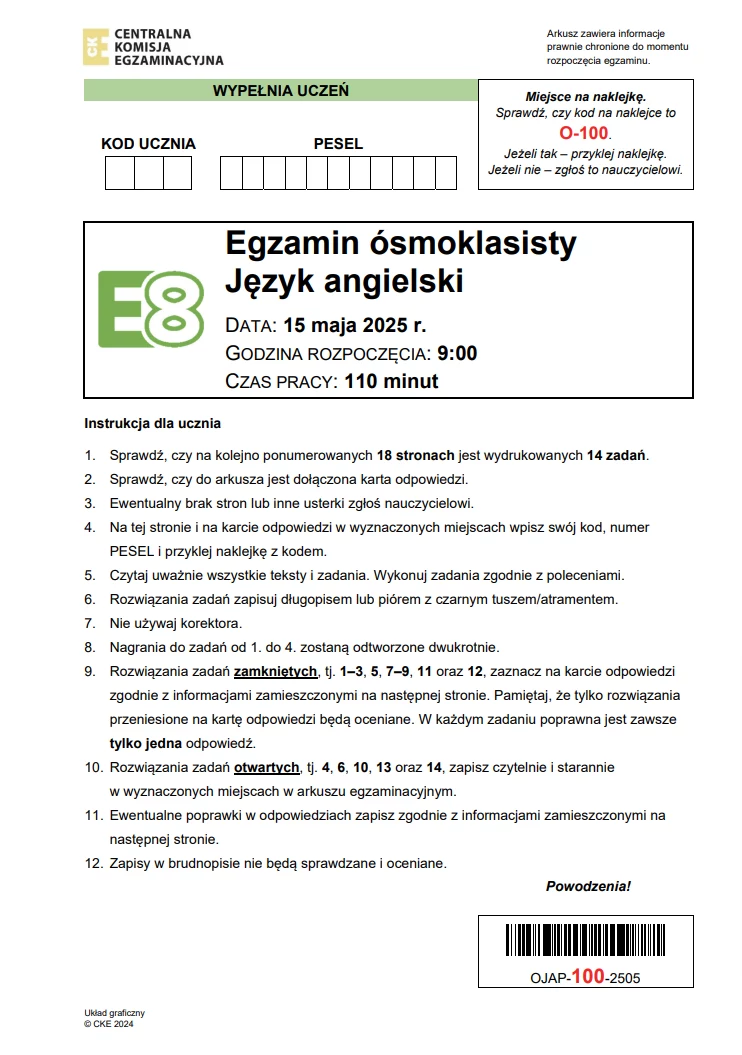 Egzamin ósmoklasisty 2025. Język angielski, arkusz CKE - strona 1