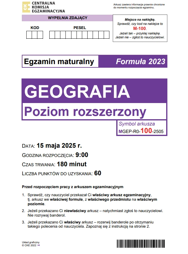 Matura 2025. Rozszerzona geografia, arkusz CKE - strona 1
