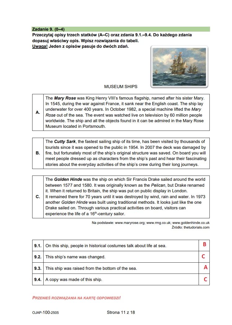 Strona z książki przedstawia opis trzech historycznych statków muzealnych: The Mary Rose, The Cutty Sark i The Golden Hind. Na górze znajduje się obraz ilustrujący statek na morzu. Poniżej znajdują się pytania dotyczące zawartych informacji.