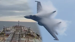 Według Rosjan w wydarzenia z tankowcem floty cieni był zaangażowany polski samolot. To dezinformacja. Na zdjęciu rosyjski Su-35, z lewej strony kadr nagrania "Izwiestii"