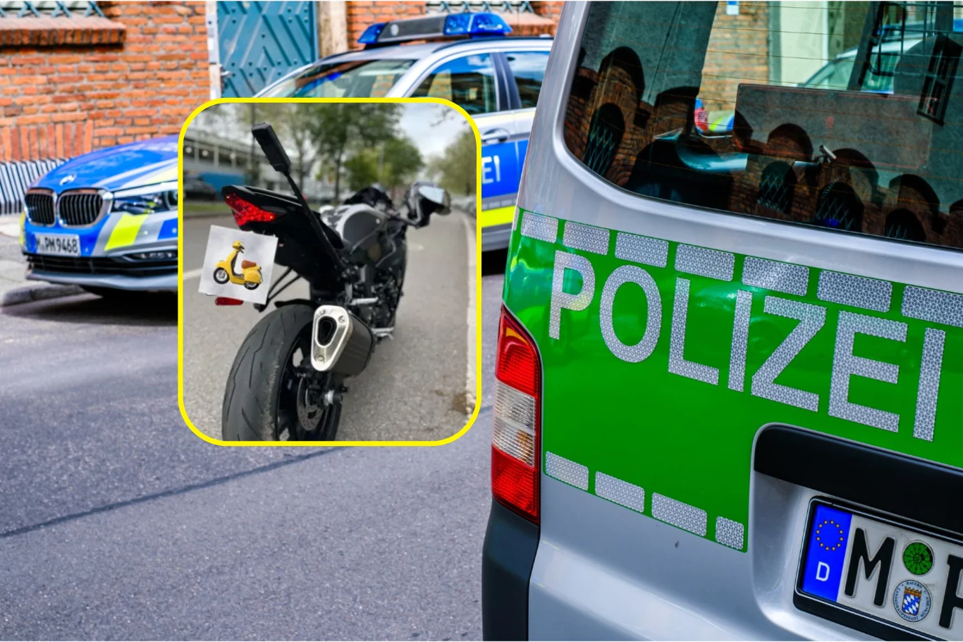 Policjanci znaleźli skuteczny sposób, aby zatrzymać dowód rejestracyjny motocykla. Samochody policyjne w biało-niebiesko-zielonych barwach znajdują się na tle ceglanego budynku. W ramce umieszczony zbliżony widok na tylną część motocykla.