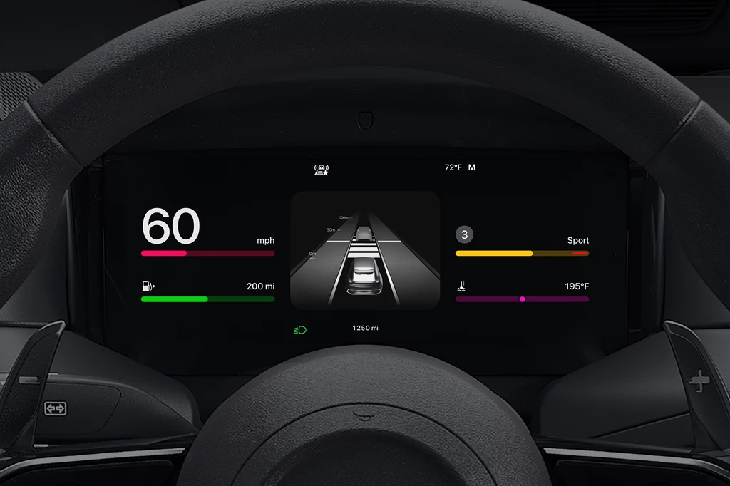 CarPlay Ultra pozwala zarządzać zaawansowanymi ustawieniami specyficznymi dla auta. Cyfrowy panel sterowania nowoczesnego samochodu z prędkościomierzem pokazującym 60 mph, wskaźnikiem zasięgu 200 mil oraz różnymi ustawieniami jazdy.
