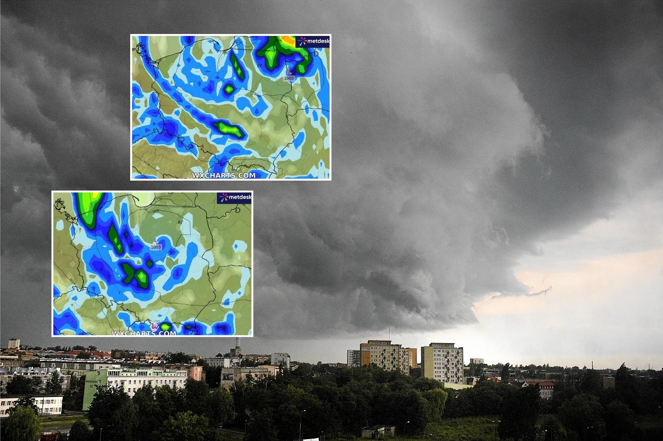 Pogoda w weekend będzie bardzo wymagająca. Zarówno w sobotę, jak i niedzielę w całej Polsce może padać deszcz, lokalnie pojawią się też burze Gęste, ciemne chmury burzowe nad miastem, w tle widoczne są bloki mieszkalne i zieleń. W lewym górnym rogu widoczne są nałożone mapy pogodowe z zaznaczonymi strefami opadów.