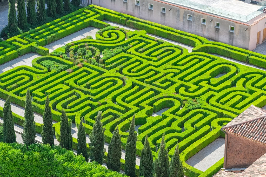 San Giorgio Maggiore Labirynt ogrodowy z żywopłotem starannie przyciętym, tworzącym skomplikowany wzór. W tle widoczny budynek oraz szereg drzew cyprysowych. Całość tworzy harmonijny i pełen zieleni krajobraz.
