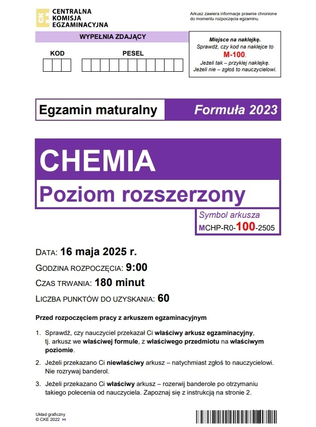 Matura 2025. Rozszerzona chemia, arkusz CKE - strona 1 Matura 2025. Rozszerzona chemia, arkusz CKE - strona 1