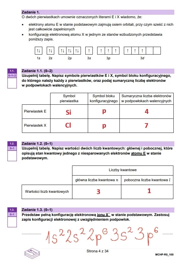 Matura 2025. Rozszerzona chemia, arkusz CKE - strona 4 Kartka z zadaniami z chemii dotyczącymi konfiguracji elektronowej, symboli pierwiastków oraz kwantowych wartości liczbowych. Widoczny jest tekst oraz tabelki do uzupełnienia symbolami pierwiastków i wartościami liczbowymi.