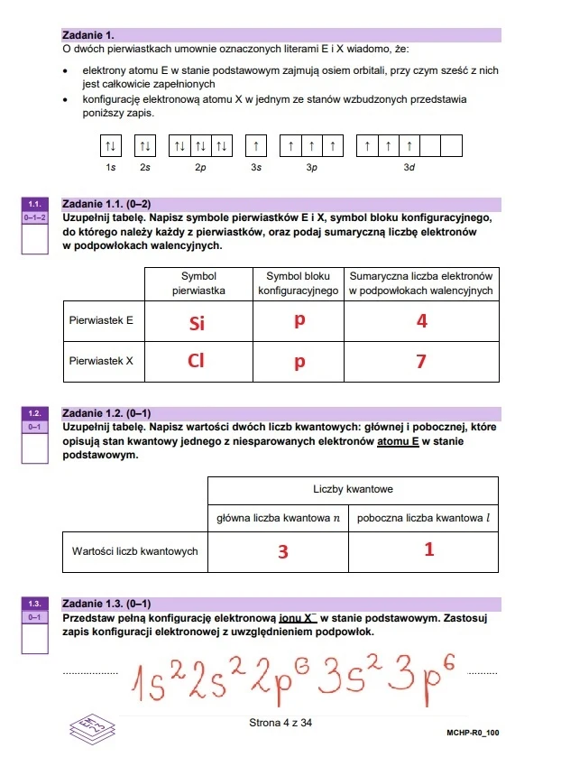 Kartka z zadaniami z chemii dotyczącymi konfiguracji elektronowej, symboli pierwiastków oraz kwantowych wartości liczbowych. Widoczny jest tekst oraz tabelki do uzupełnienia symbolami pierwiastków i wartościami liczbowymi.