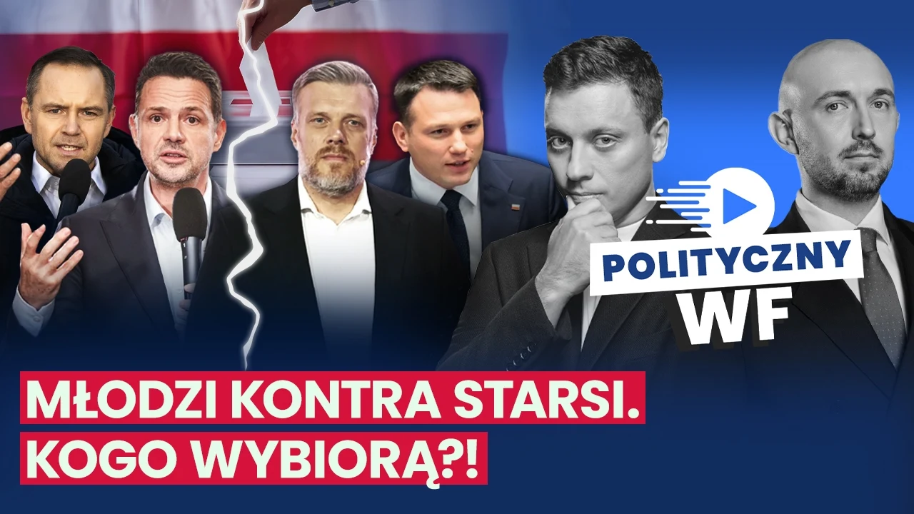 W nowym odcinku "Politycznego WF-u" o tym, na kogo w wyborach postawią młodzi, a którego kandydata częściej wskażą seniorzy Politycy różnego pokolenia stojący na tle biało-czerwonej flagi. Jedna z postaci trzyma mikrofon, a w tle widać logo "Polityczny WF" oraz napis "Młodzi kontra starsi. Kogo wybiorą?!".
